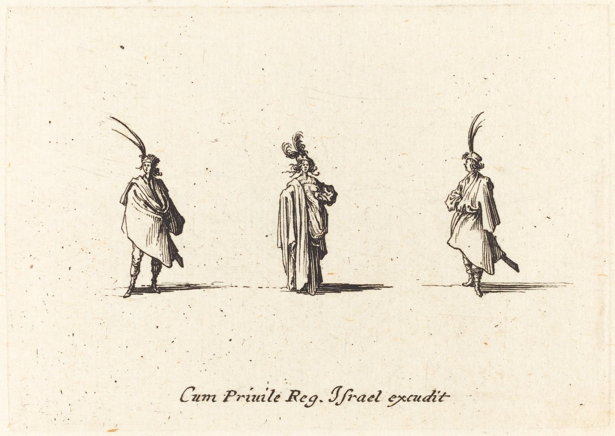 Dame im langen Mantel und zwei Herren von Jacques Callot