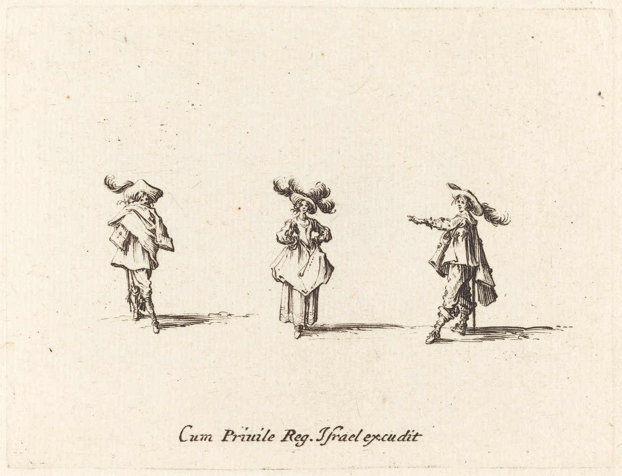Dame mit großen Federn und zwei Herren von Jacques Callot