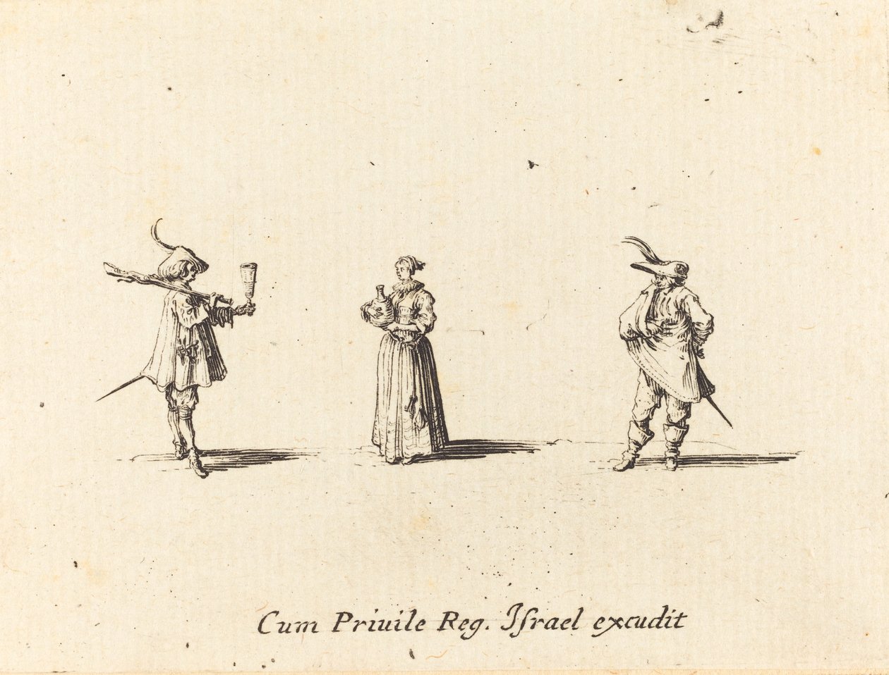 Dame mit Weinflasche und zwei Herren von Jacques Callot