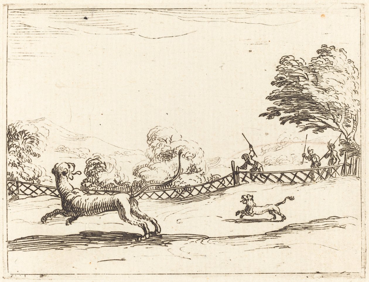 Löwin und Junges von Jägern verfolgt von Jacques Callot