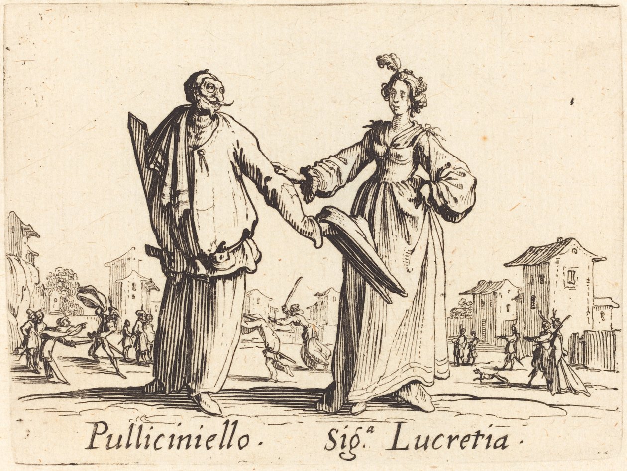 Pulliciniello und Siga. Lucretia von Jacques Callot