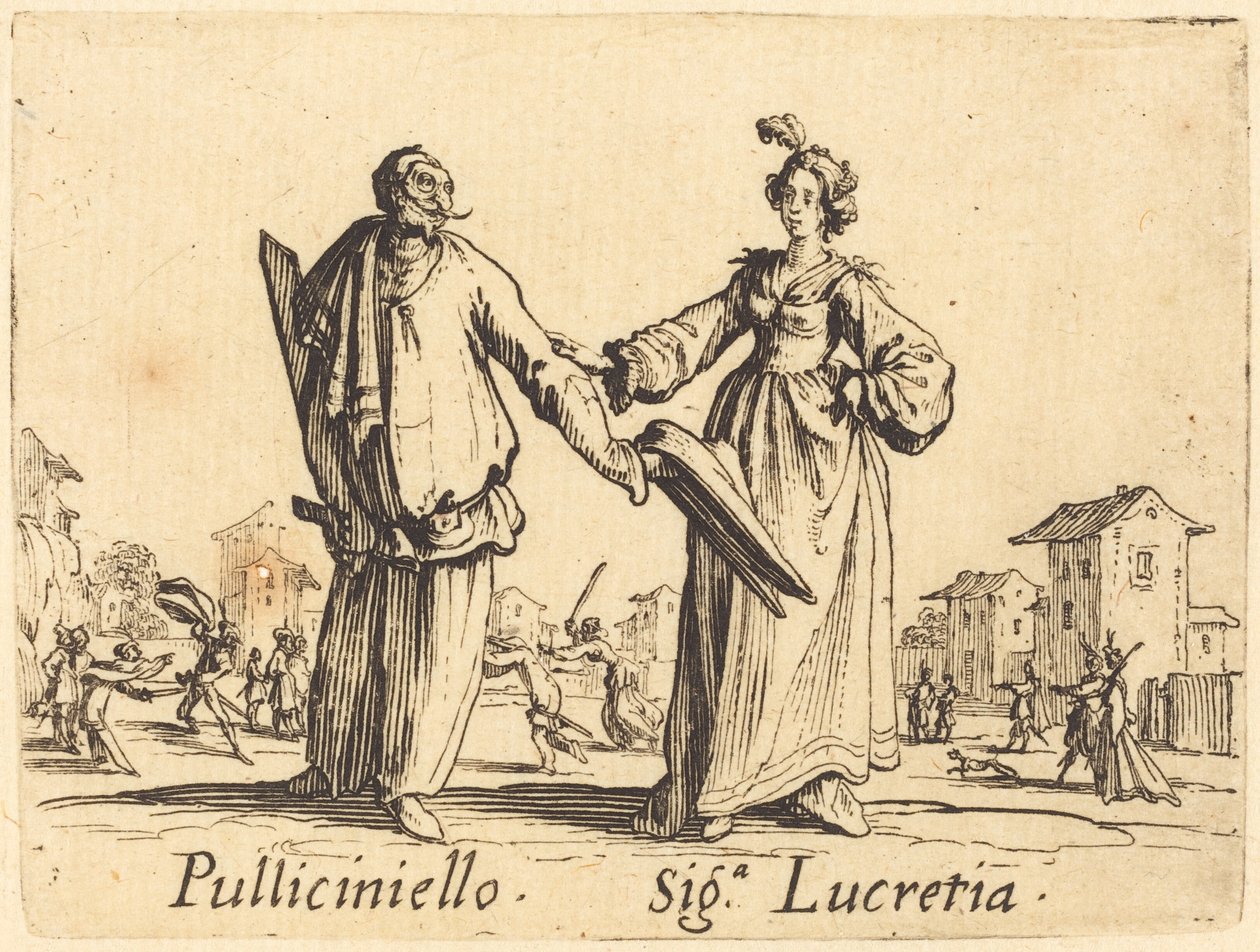 Pulliciniello und Siga. Lucretia von Jacques Callot