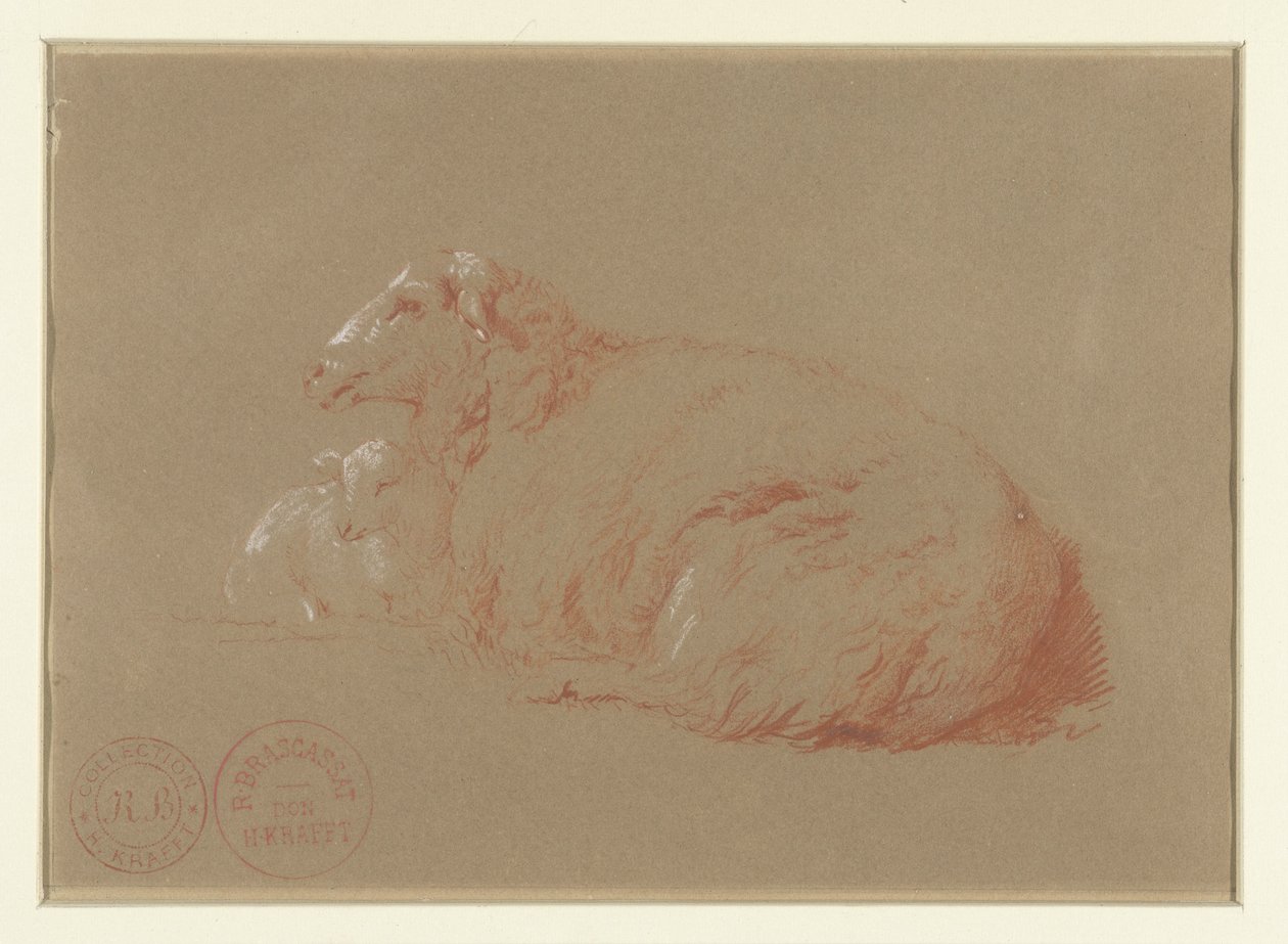 Liegendes Schaf mit Lamm von Jacques Raymond Brascassat