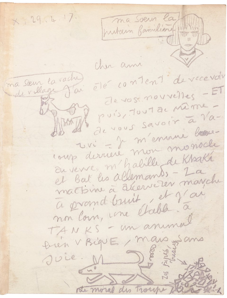 Autographenbrief mit Zeichnungen von Jacques Vache