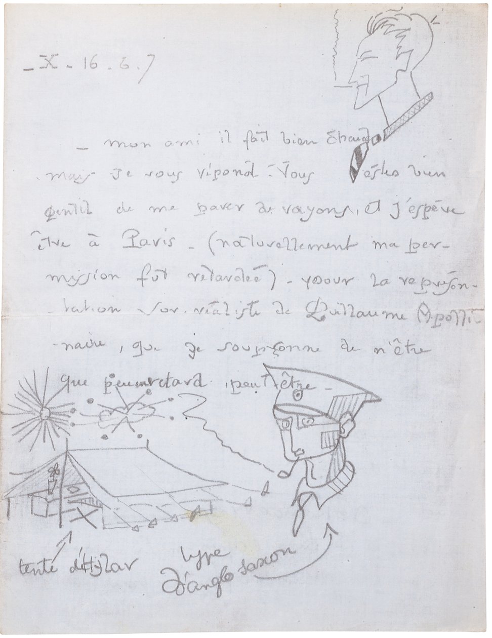 Autographenbrief mit Zeichnungen von Jacques Vache