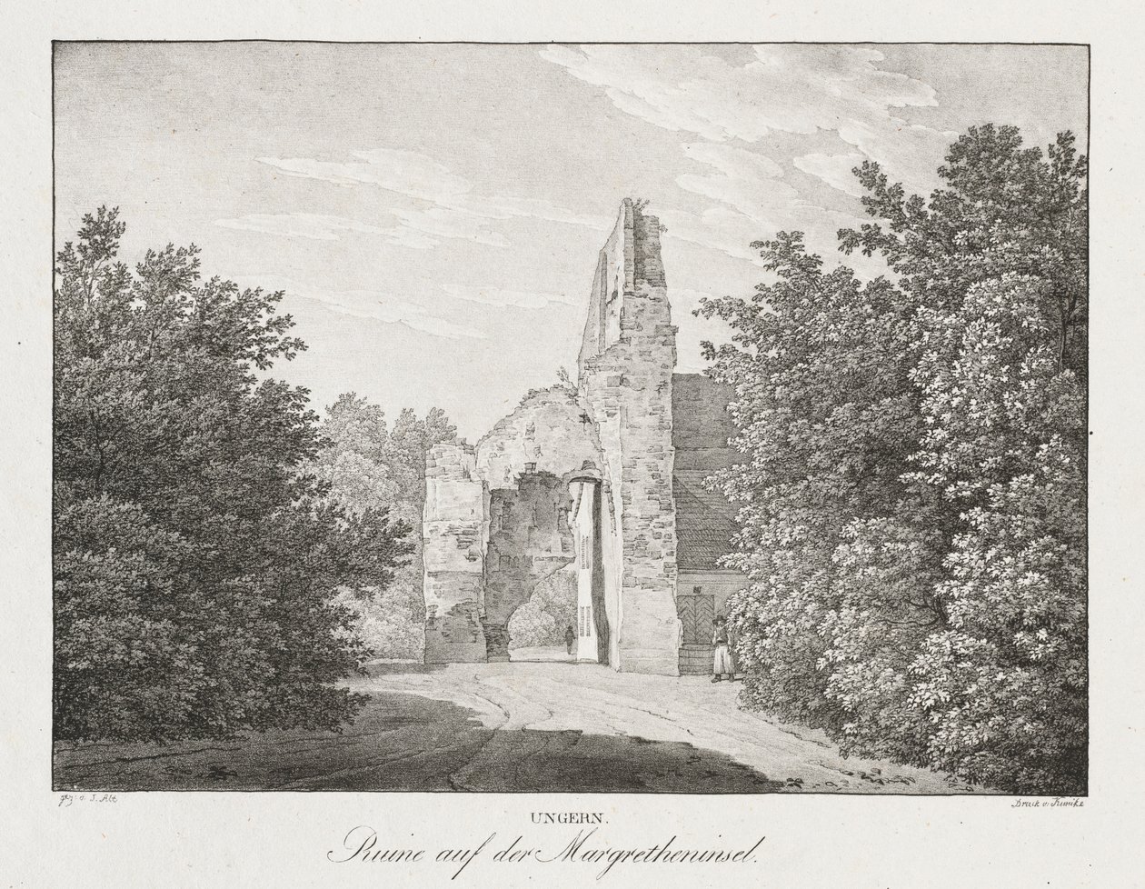 Ungarn, Ruinen auf der Margareteninsel von Jakob Alt