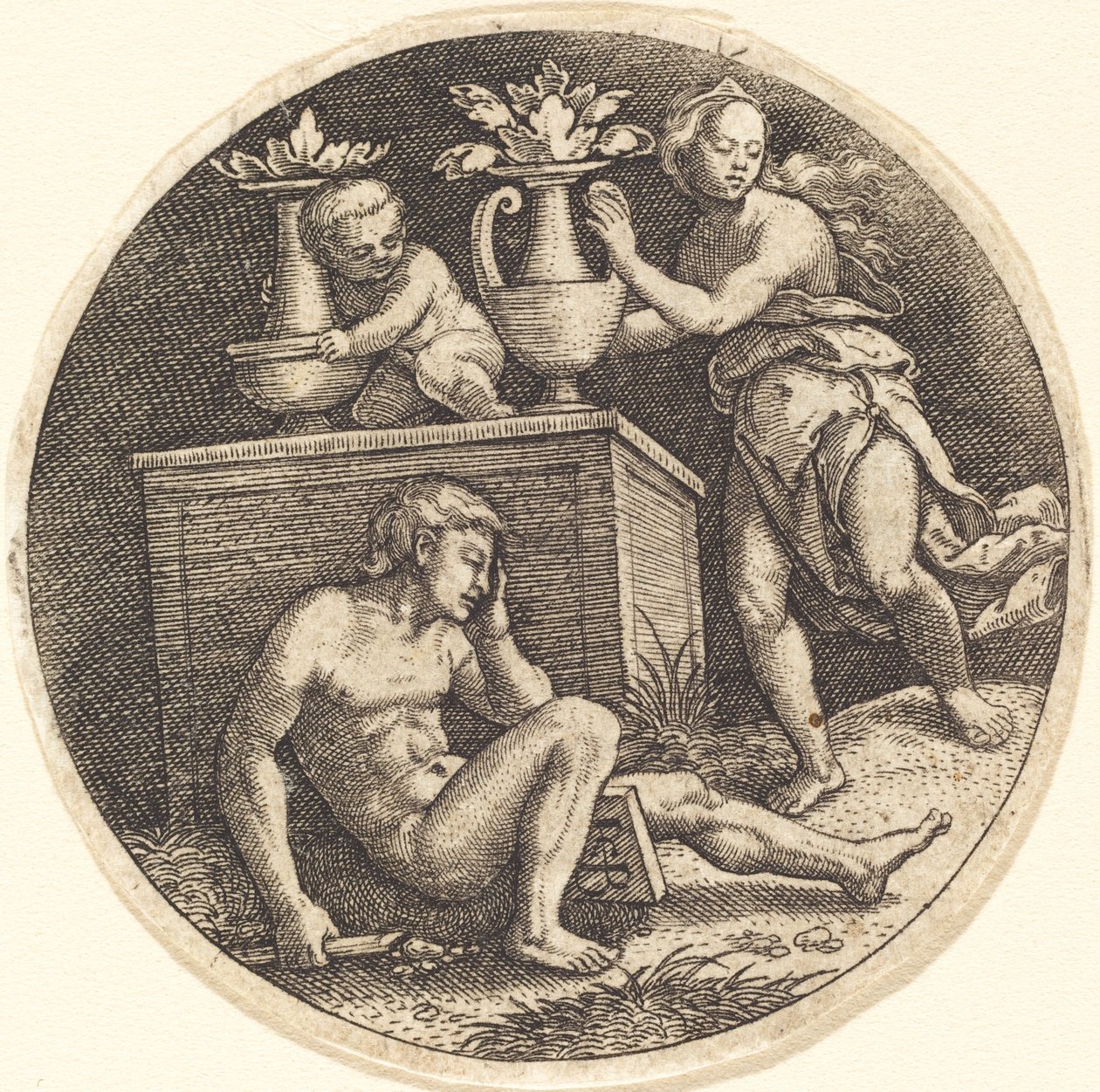 Jugend schläft vor einem Altar von Jakob Binck