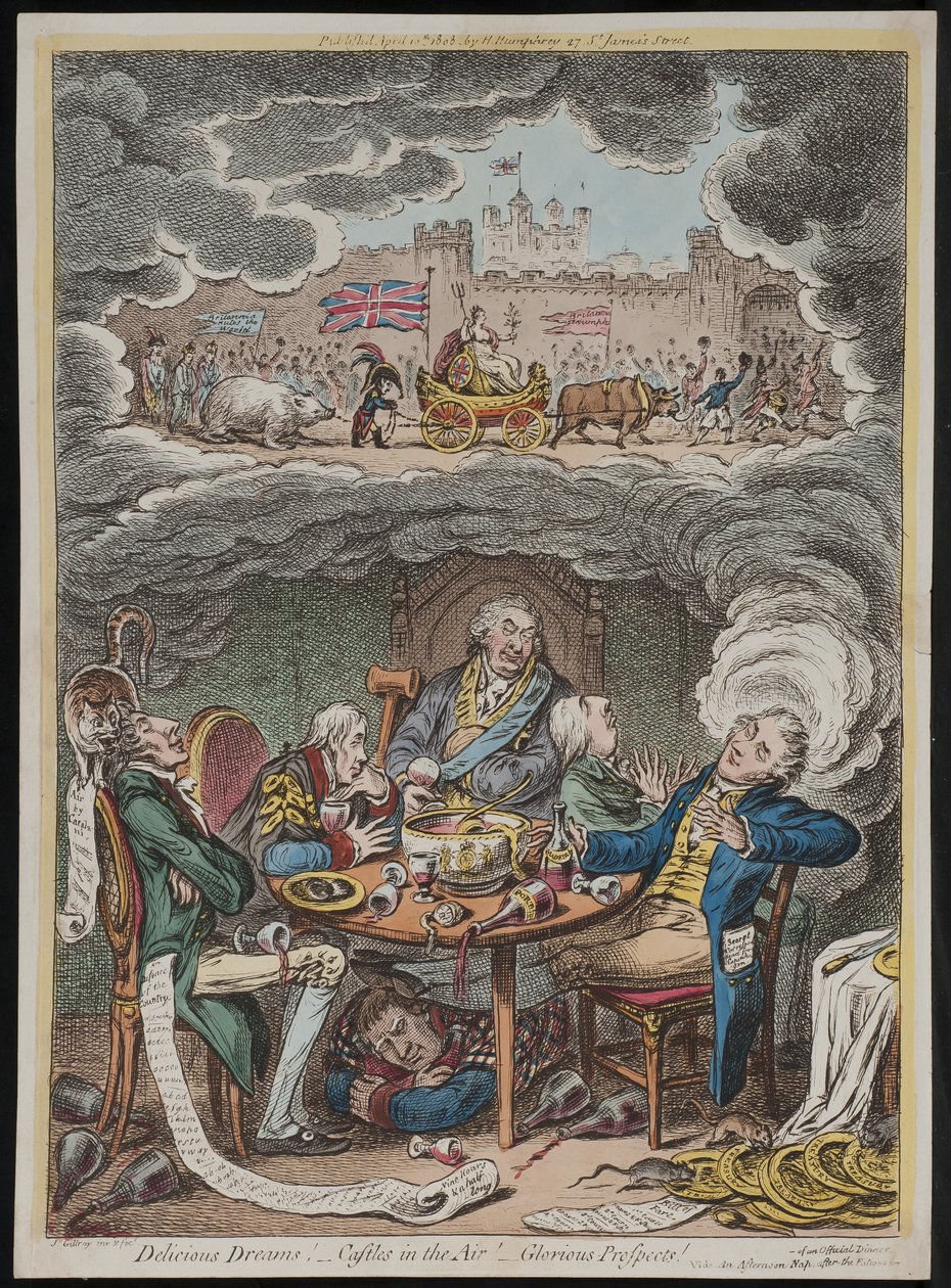 Köstliche Träume! Luftschlösser! Herrliche Aussichten! siehe ein Nachmittagsschläfchen nach der Ermüdung eines offiziellen Dinners von James Gillray