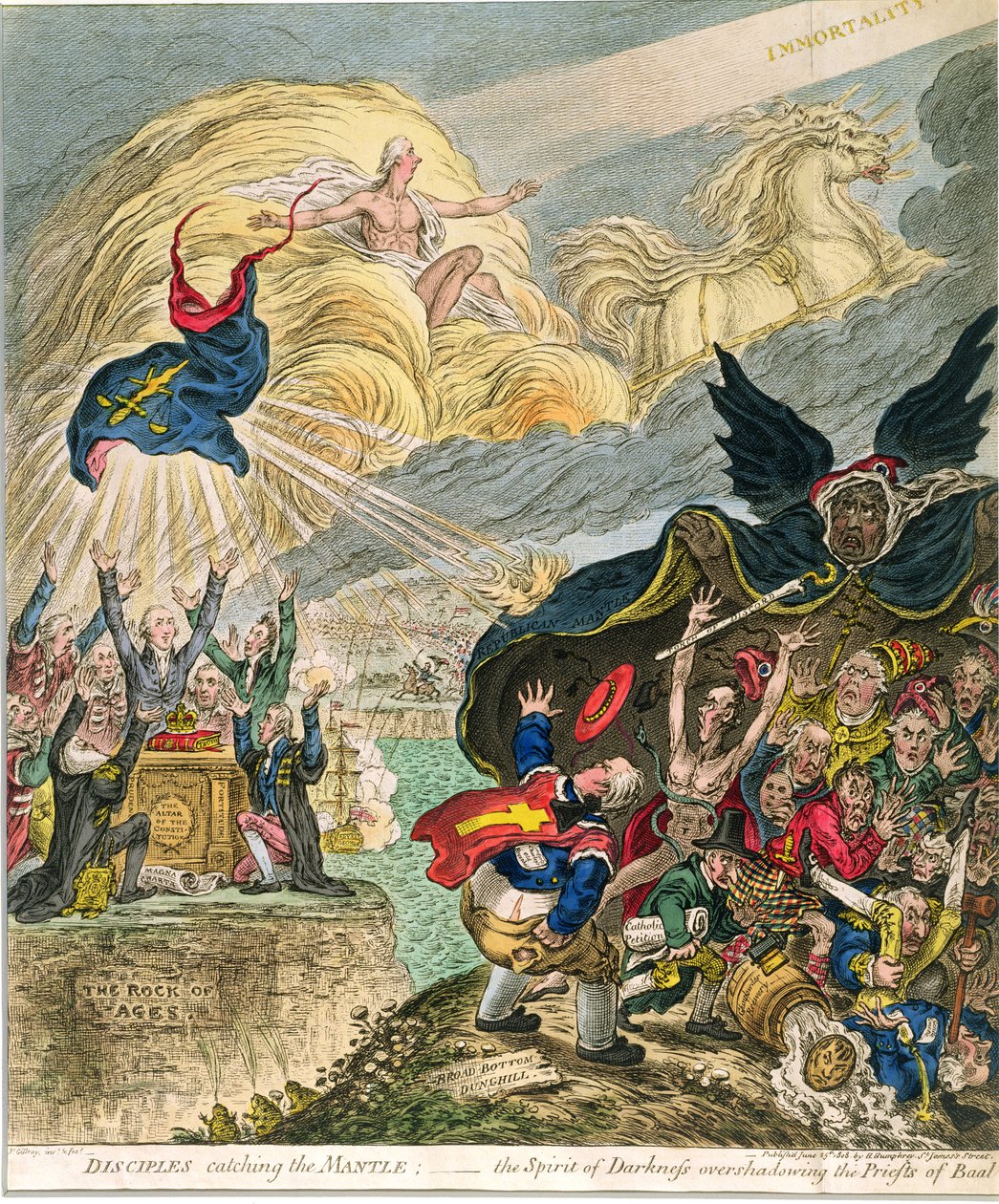 Jünger fangen den Mantel: der Geist der Dunkelheit überschattet die Priester von Baal, veröffentlicht von Hannah Humphrey im Jahr 1808 von James Gillray