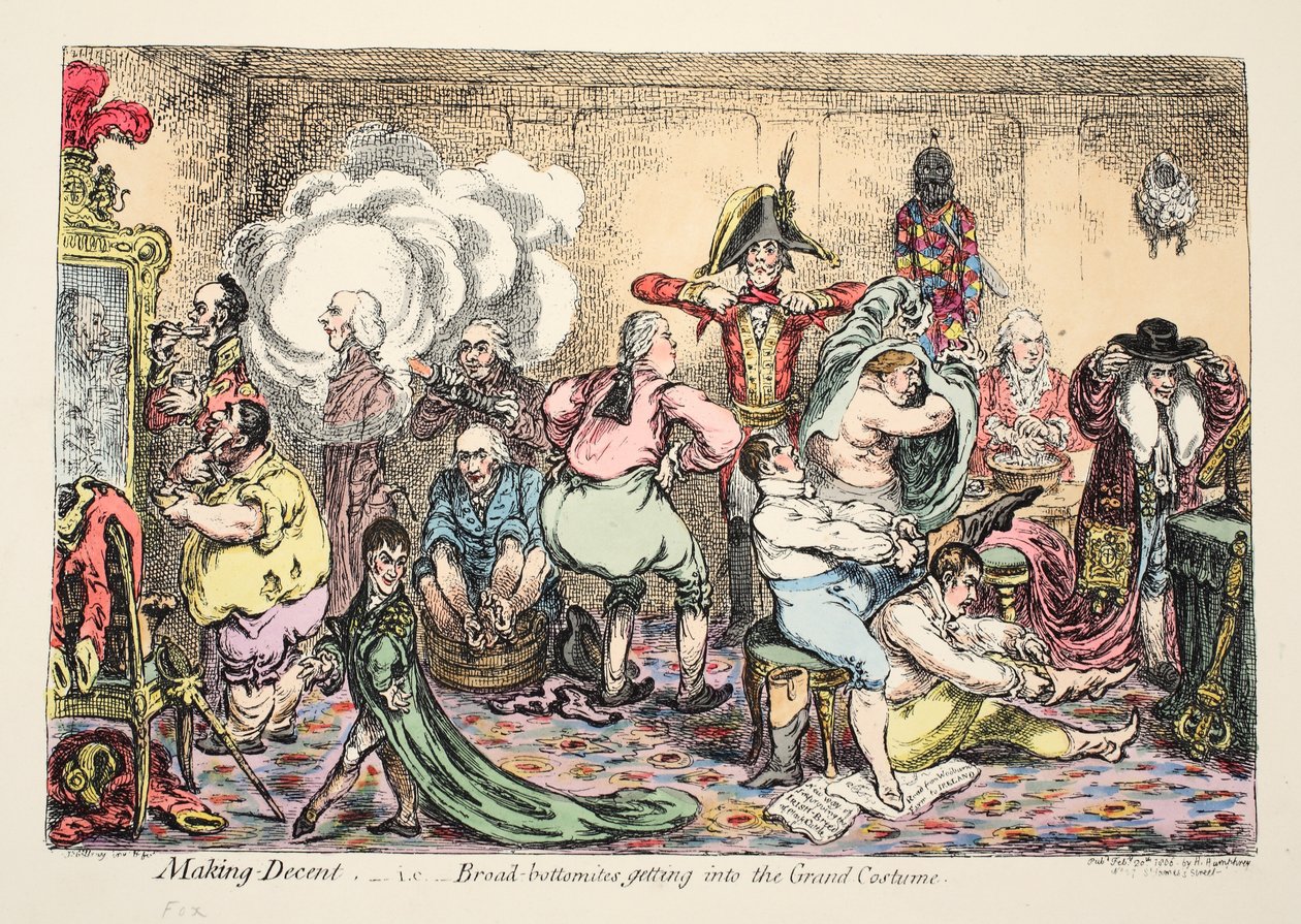 Anständig machen, d.h. Broad Bottomites ziehen das große Kostüm an, veröffentlicht 1806 von James Gillray