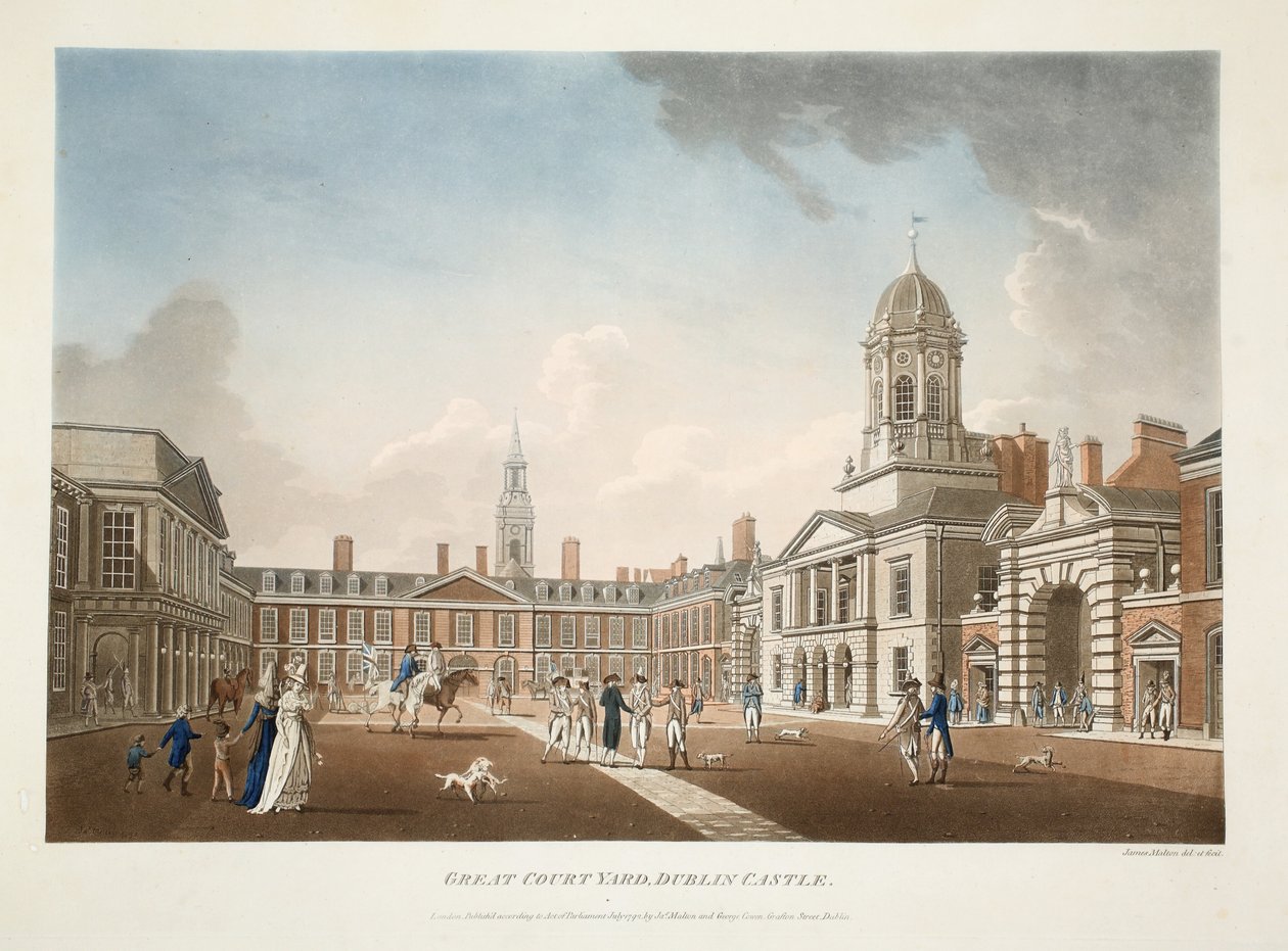 Der große Hof, Dublin Castle, 1792 (handkolorierter Stich) von James Malton
