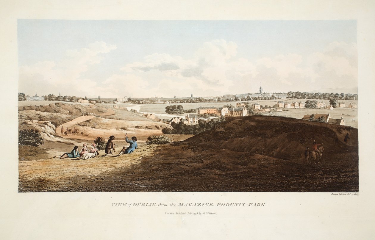 Ansicht von Dublin vom Magazin, Phoenix Park, 1795 (handkolorierter Stich) von James Malton