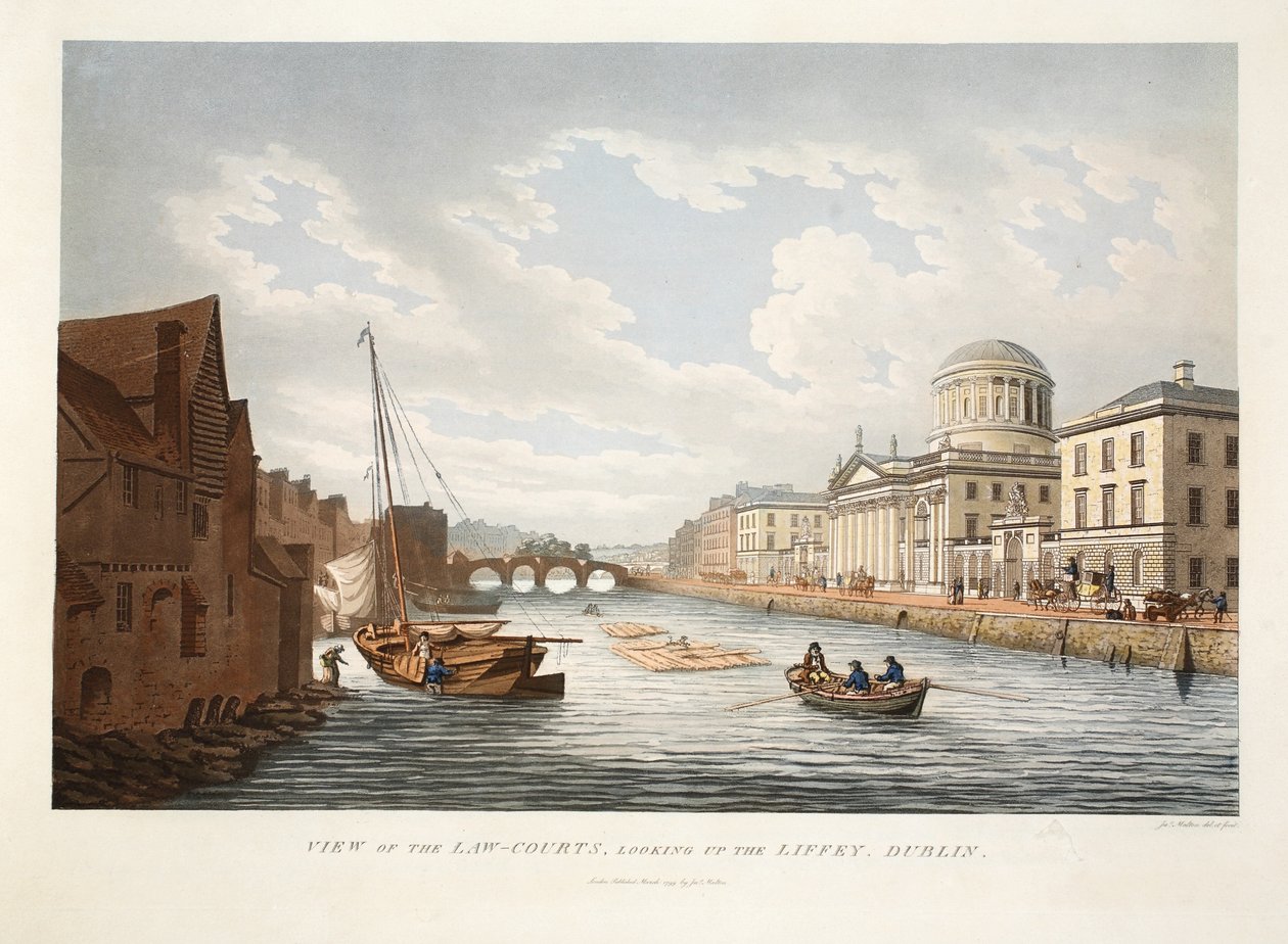 Ansicht der Gerichtsgebäude, Blick auf den Liffey, Dublin, 1799 von James Malton