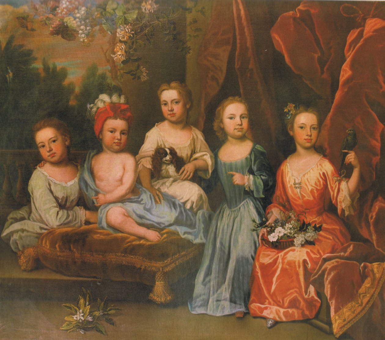 Eine Porträtgruppe der Smith-Kinder auf einer Terrasse mit einem Spaniel, einem Blumenkorb und einem Sittich von James Maubert