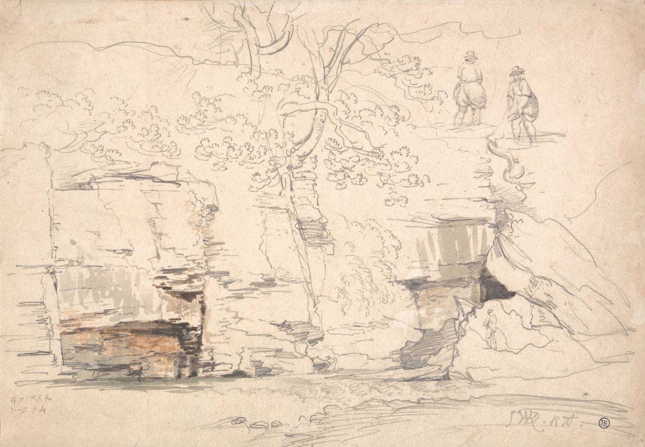 Ein felsiger Hang mit Bäumen und Figuren von James Ward