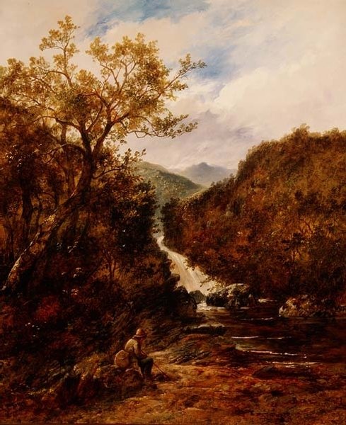 Angler bei einem bewaldeten Wasserfall von James Charles Ward