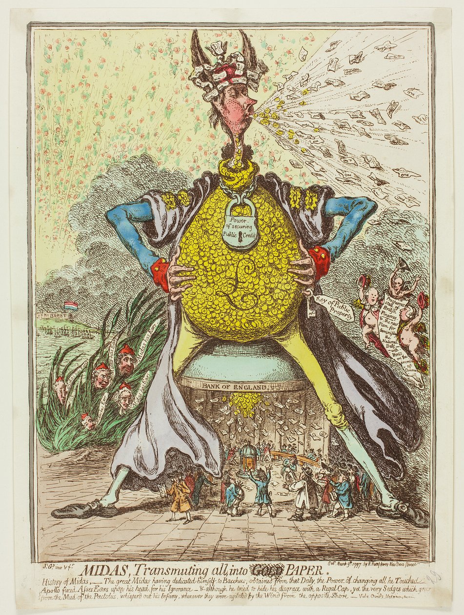 Midas, der alles in Papier verwandelt von James Gillray