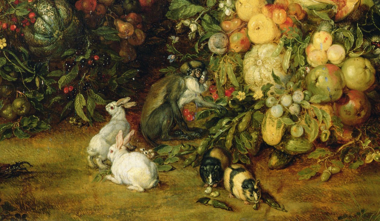 Die Jungfrau und das Kind in einem Kranz aus Früchten und Blumen, Detail von Tieren, ca. 1614-18 (Detail) von Jan and Rubens, P.P. Brueghel