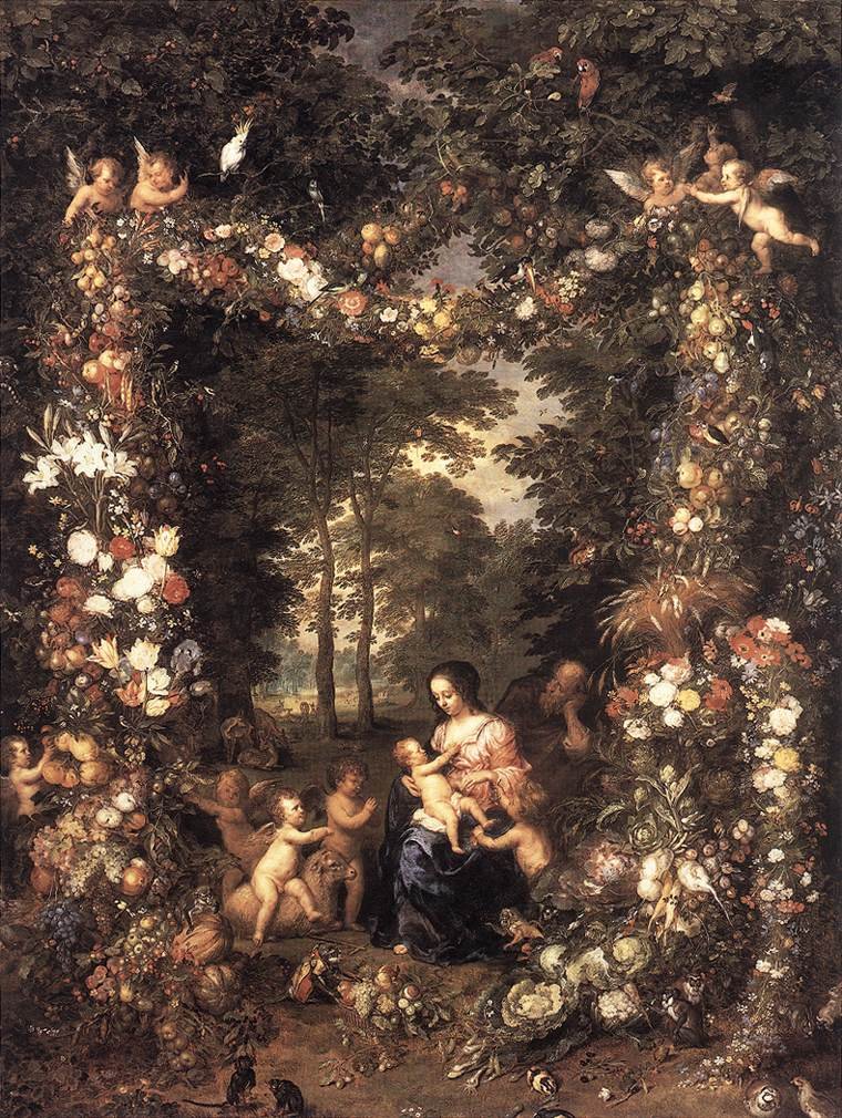 Heilige Familie in einem Blumen- und Früchtekranz von Jan the Elder Brueghel