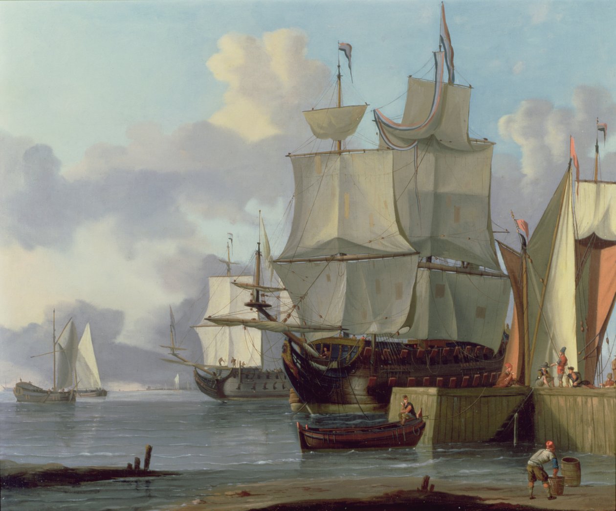 Niederländische Kriegsschiffe an einem Kai vertäut von Jan Claesz Rietschoof