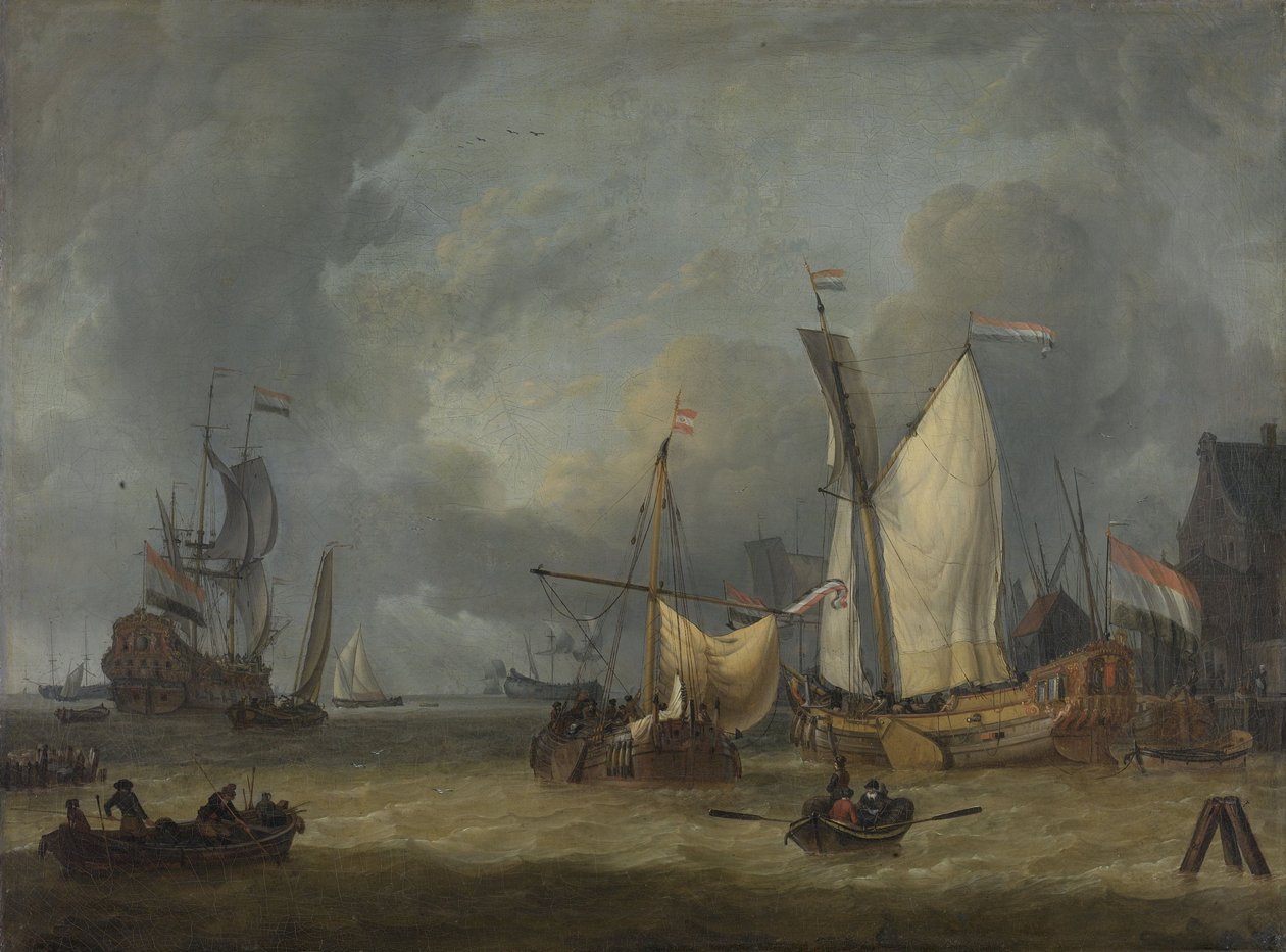 Schiffe im Hafen bei starkem Wind von Jan Claesz Rietschoof