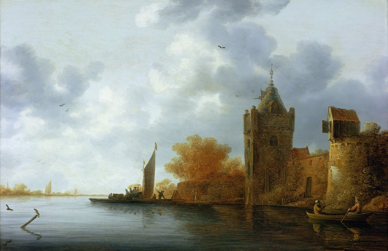 Flussmündung mit einem Turm und befestigten Mauern, Fähre beim Einsteigen von Jan Coelenbier