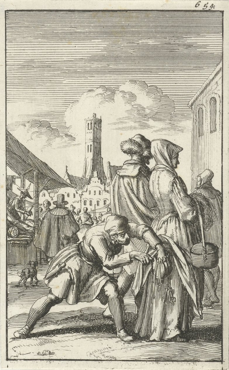 Frau auf einem Markt wird ihrer Geldbörse beraubt, 1685 von Jan Luyken