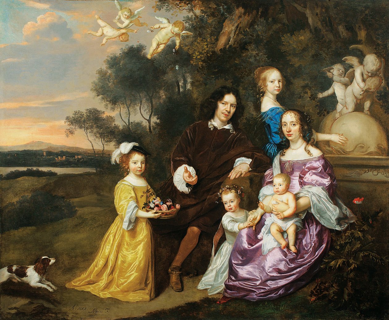 Porträt einer Familiengruppe bei einem Zierbrunnen in einer pastoralen Landschaft, 1663 von Jan Mytens or Mijtens
