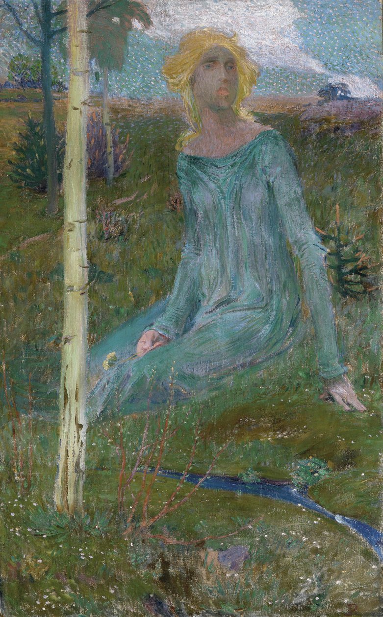 Sitzendes Mädchen in einer Landschaft von Jan Preisler