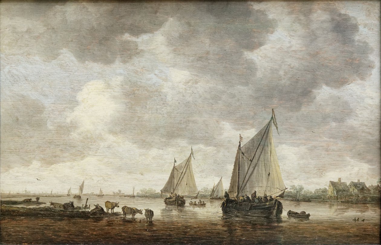 Zwei große Segelboote auf einem Fluss und Vieh in der Nähe des Ufers von Jan Josephsz van Goyen