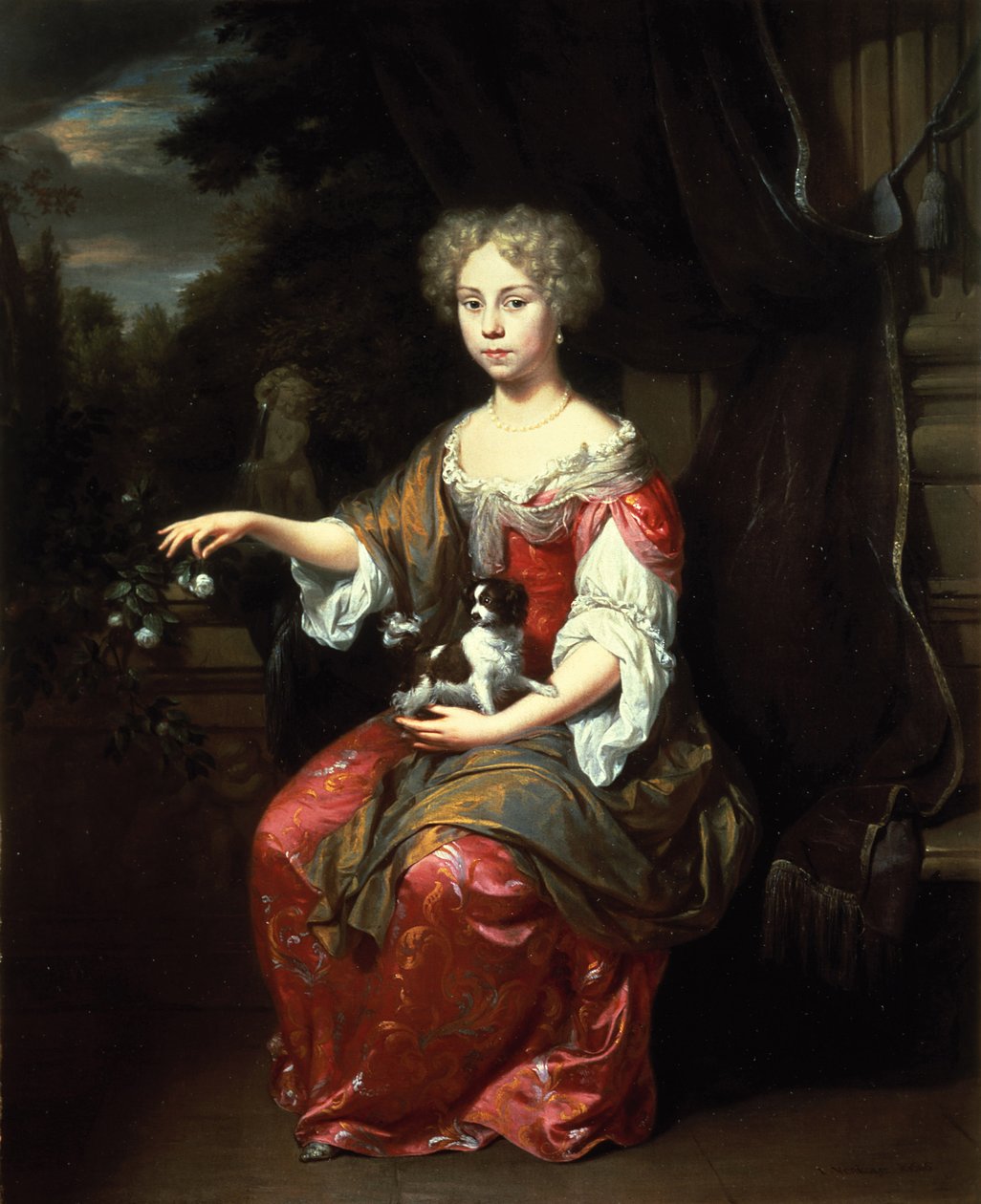 Porträt einer Dame mit ihrem King Charles Spaniel von Jan Verkolje