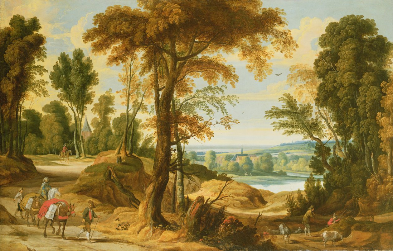Waldige Flusslandschaft mit Figuren auf einem Weg von Jan Wildens