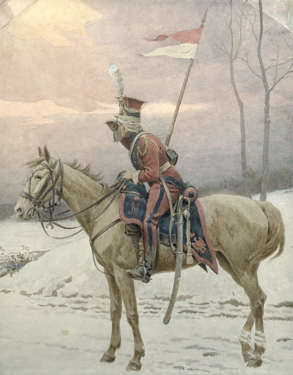 Ein Lanzenträger der polnischen Garde Napoleons auf Winterpatrouille von Jan van Chelminski