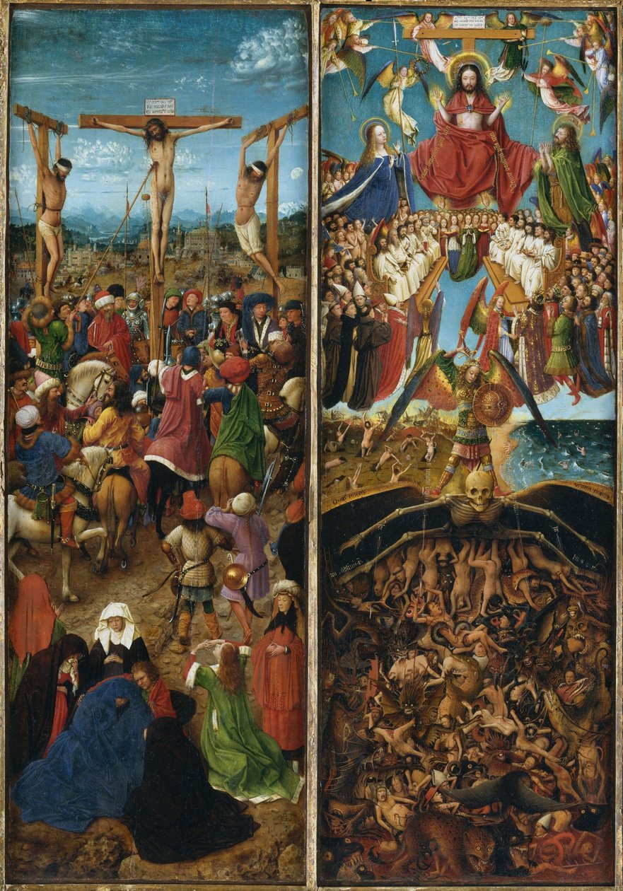 Die Kreuzigung; Das Jüngste Gericht (Teil eines Triptychons) von Jan van Eyck