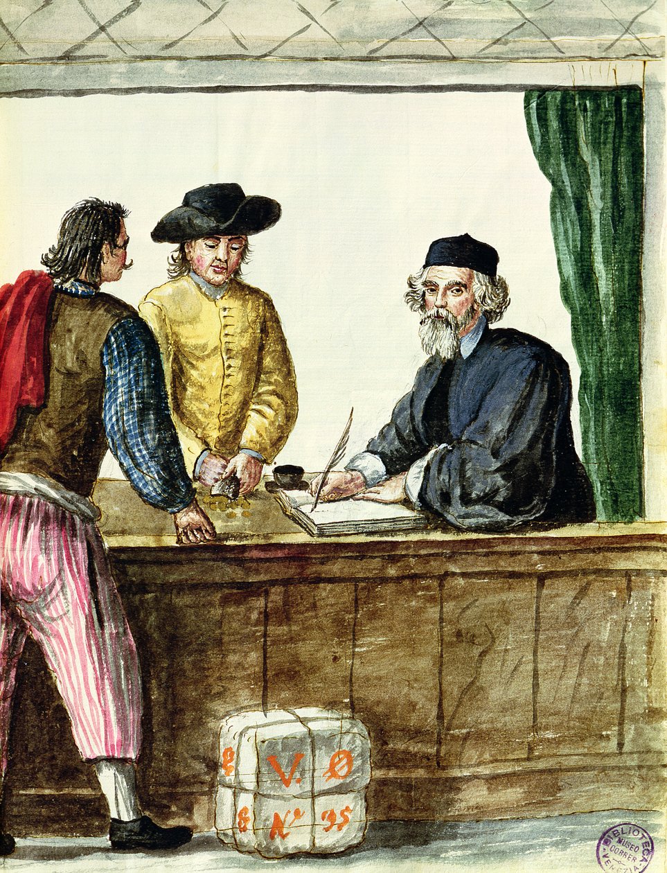 Ein jüdischer Ladenbesitzer mit zwei Kunden von Jan van Grevenbroeck