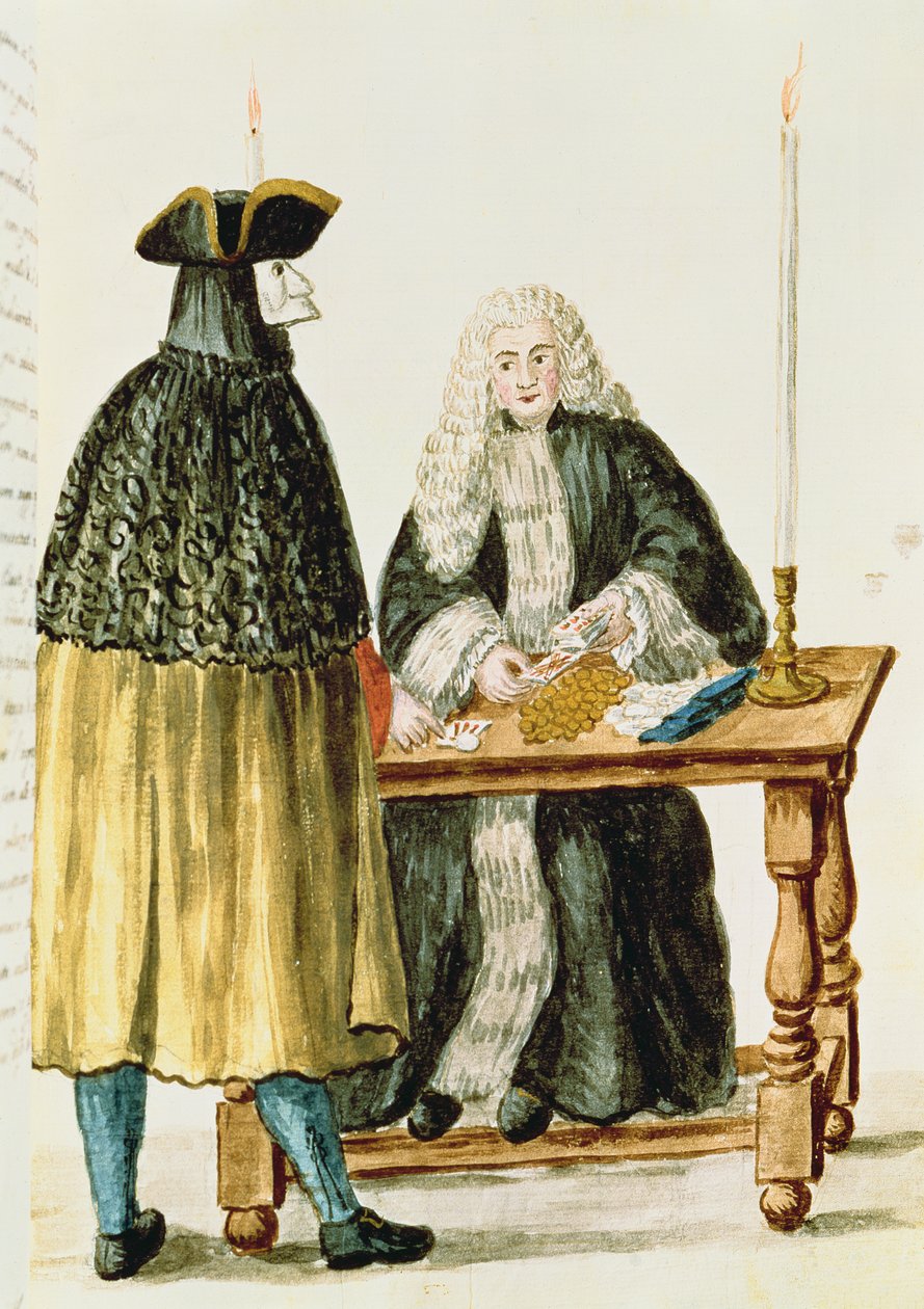 Ein Magistrat spielt Karten mit einem maskierten Mann von Jan van Grevenbroeck