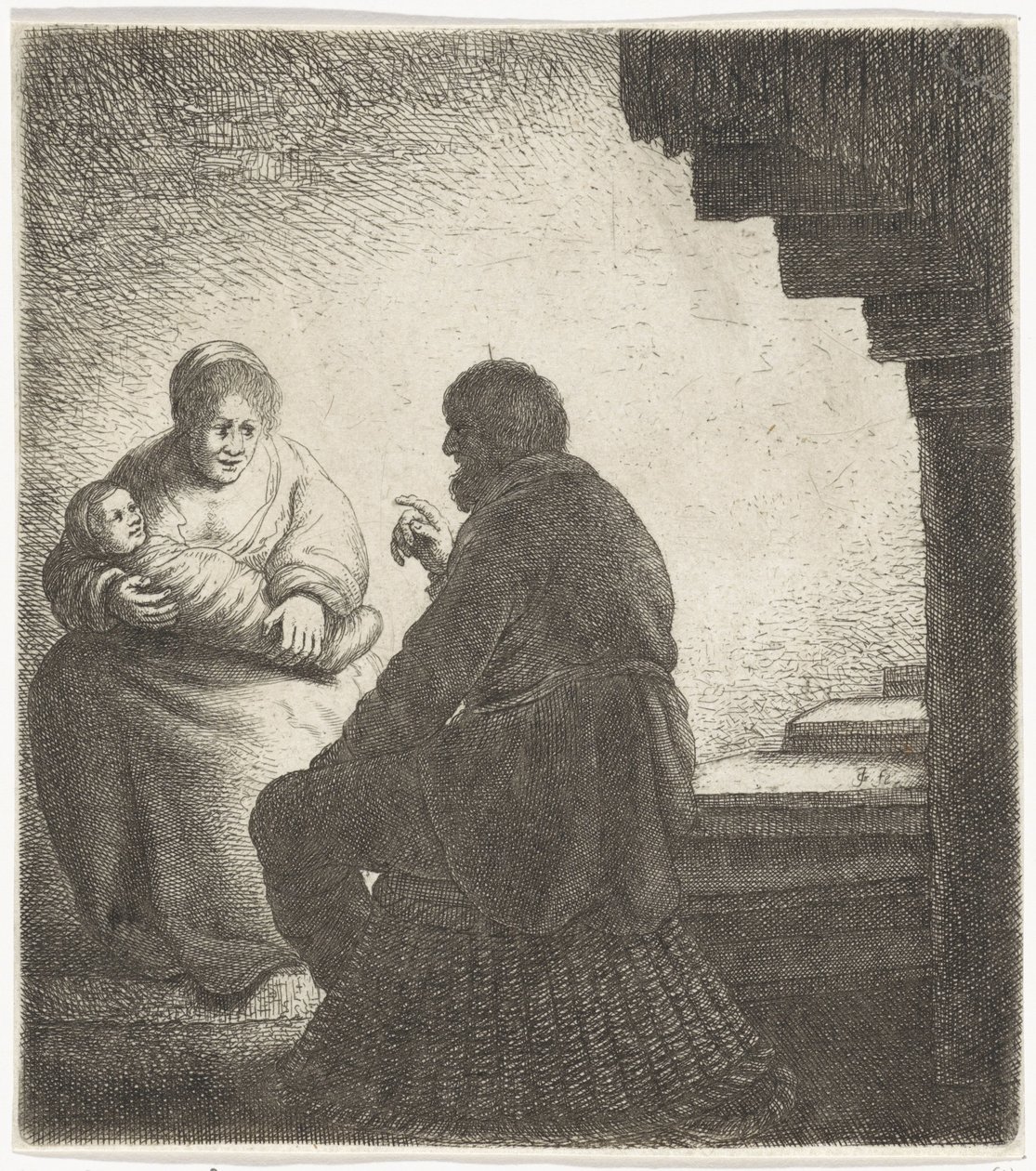 Familie sitzt bei einer Wendeltreppe von Jan Gillisz. van Vliet