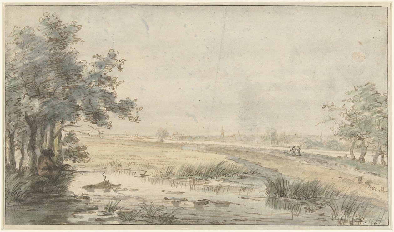 Landschaft mit einem Angler am Wasser von Jan Hulswit
