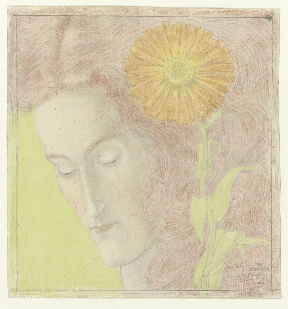 Frauenkopf mit rötlichem Haar und Chrysantheme von Jan Toorop