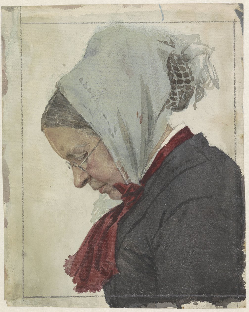Alte Frau mit Kopftuch und rotem Schal von Jan Veth