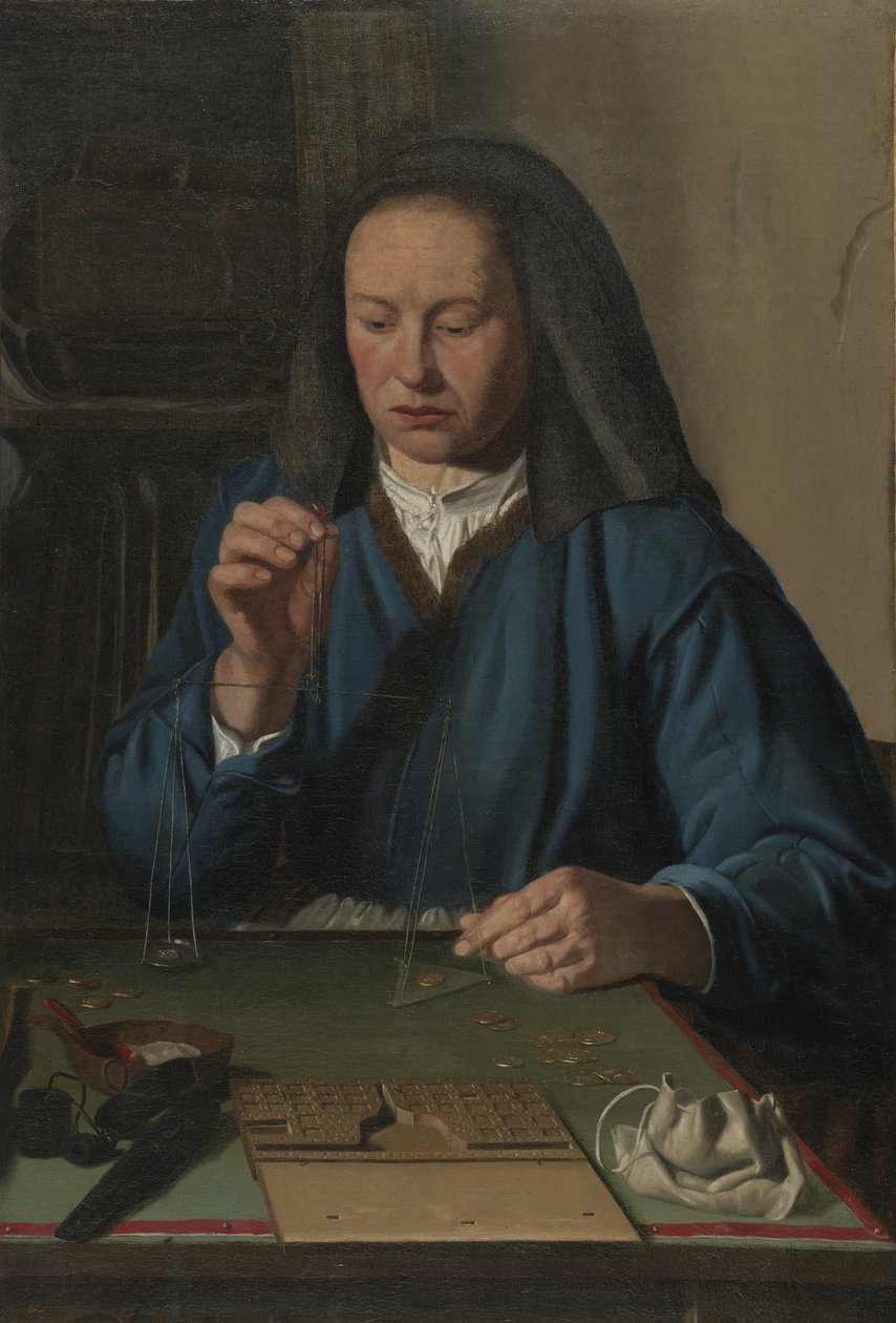 Frau wiegt Gold von Jan Woutersz.