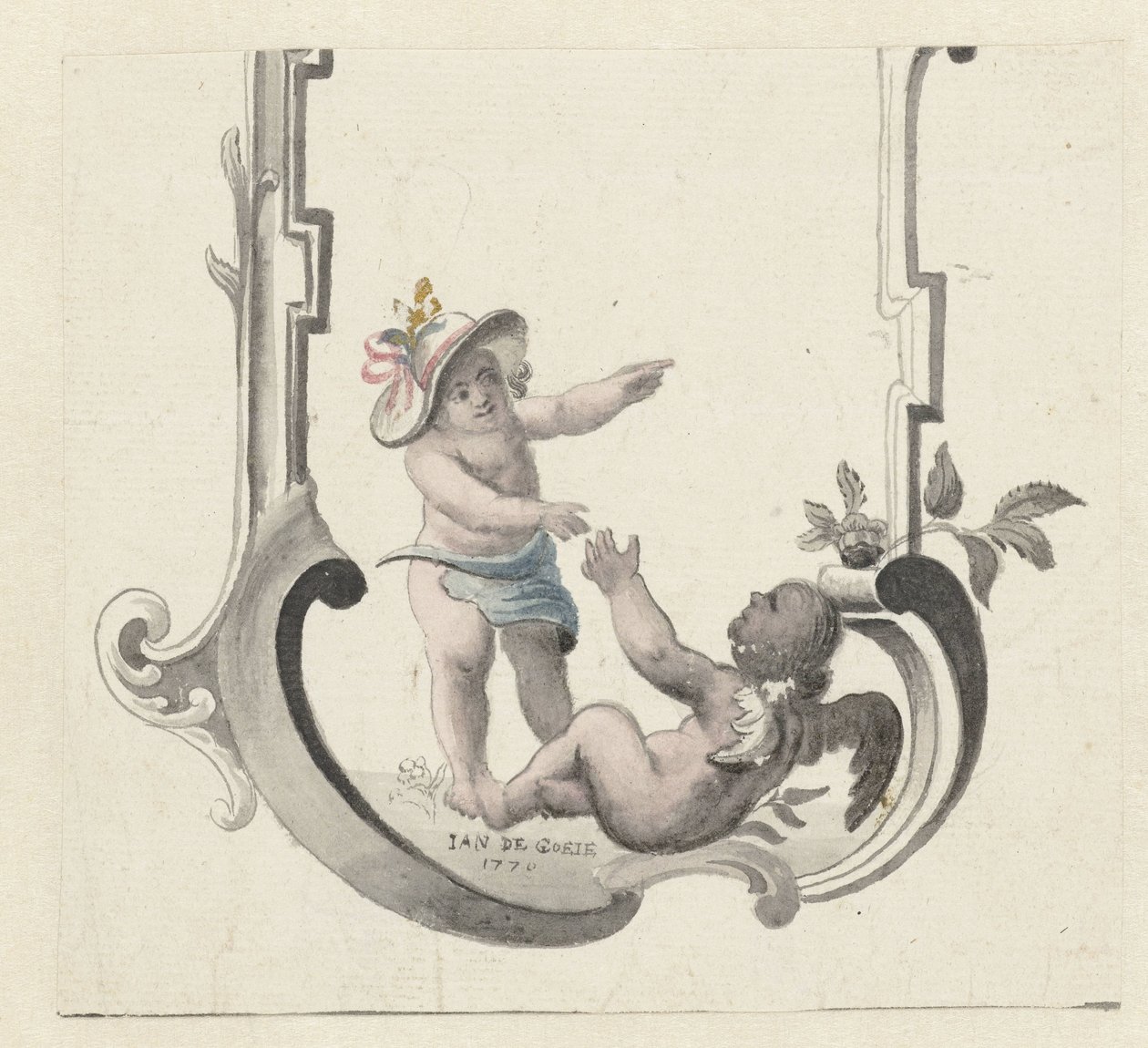 Ornament mit zwei spielenden Putti von Jan de Goeje