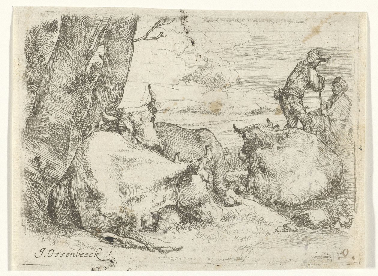 Drei Kühe und zwei Hirten von Jan van Ossenbeeck