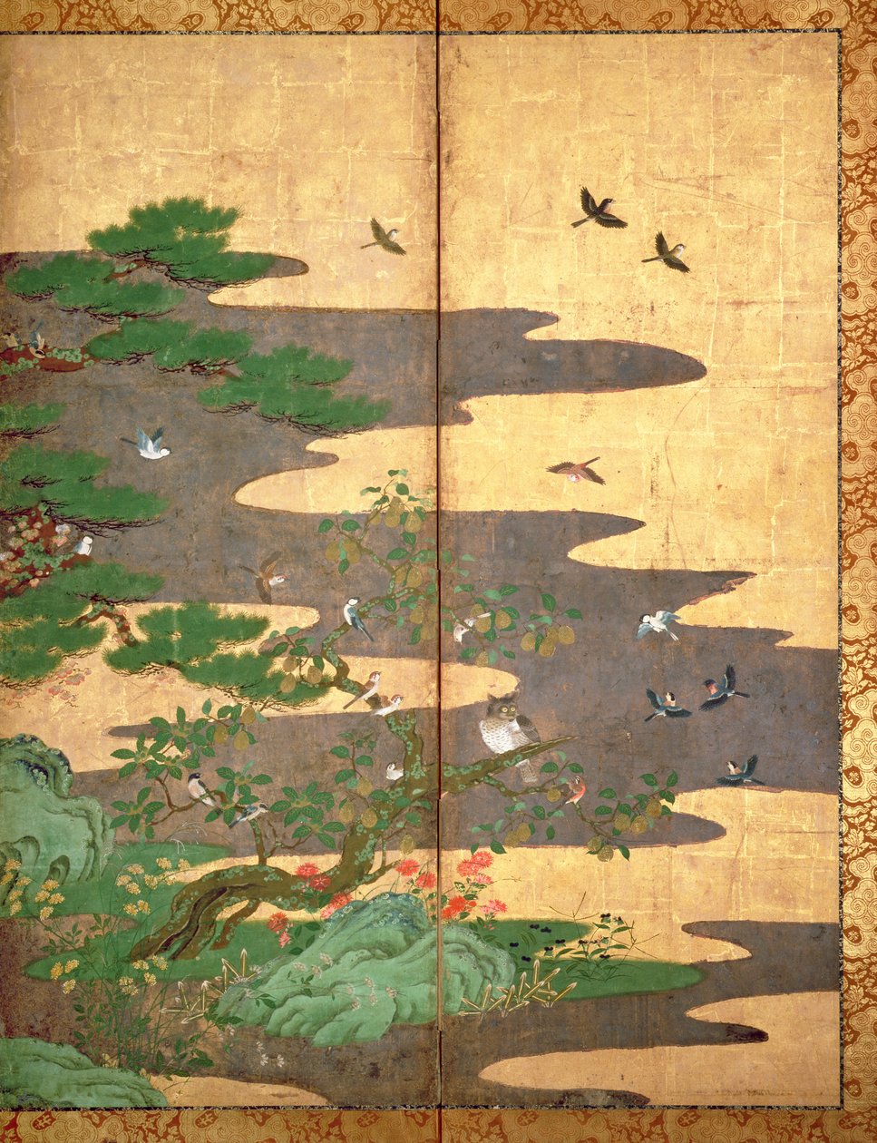 Vögel mit Herbst- und Winterblumen (Feder und Tinte, Farbe und Goldpapier auf Tafel) von Japanese School