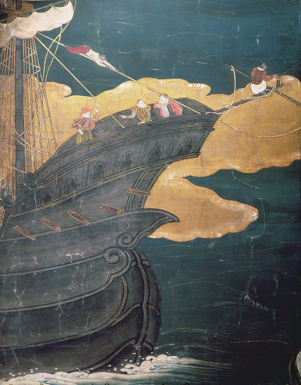 Ankunft der Portugiesen in Japan, Detail des Schiffsbugs, von einem Namban Byobu Bildschirm, 1594-1618 von Japanese School