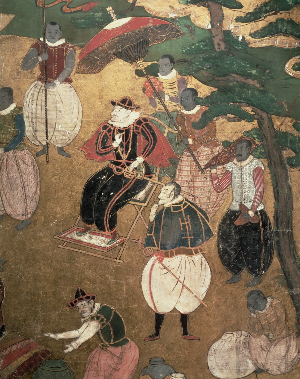 Die Ankunft der Portugiesen in Japan, Detail der Portugiesen, die das Aussteigen von einem Namban Byobu Bildschirm befehlen, 1594-1618 von Japanese School