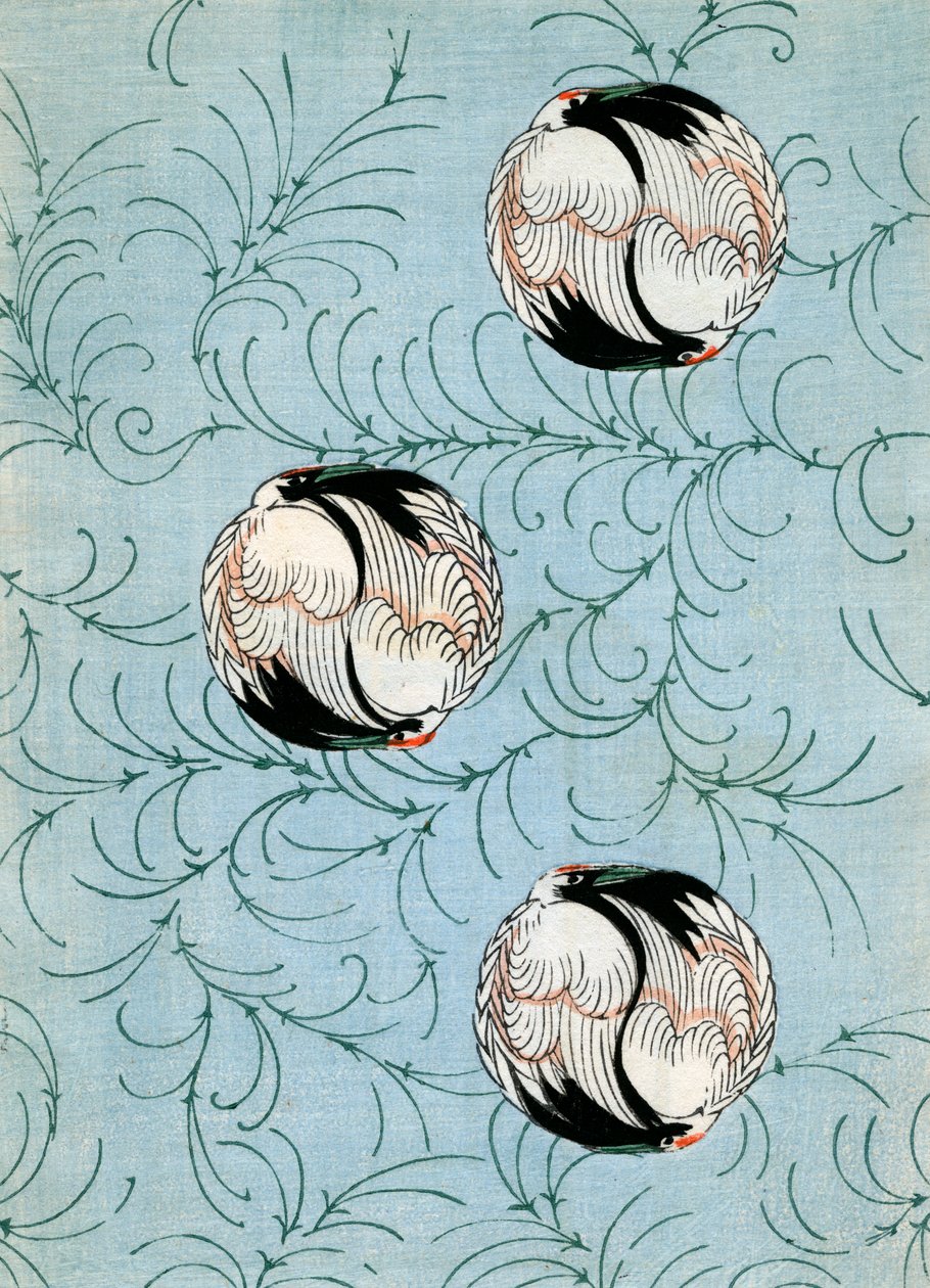 Abstrakte Kraniche auf blauem Hintergrund von Japanese School