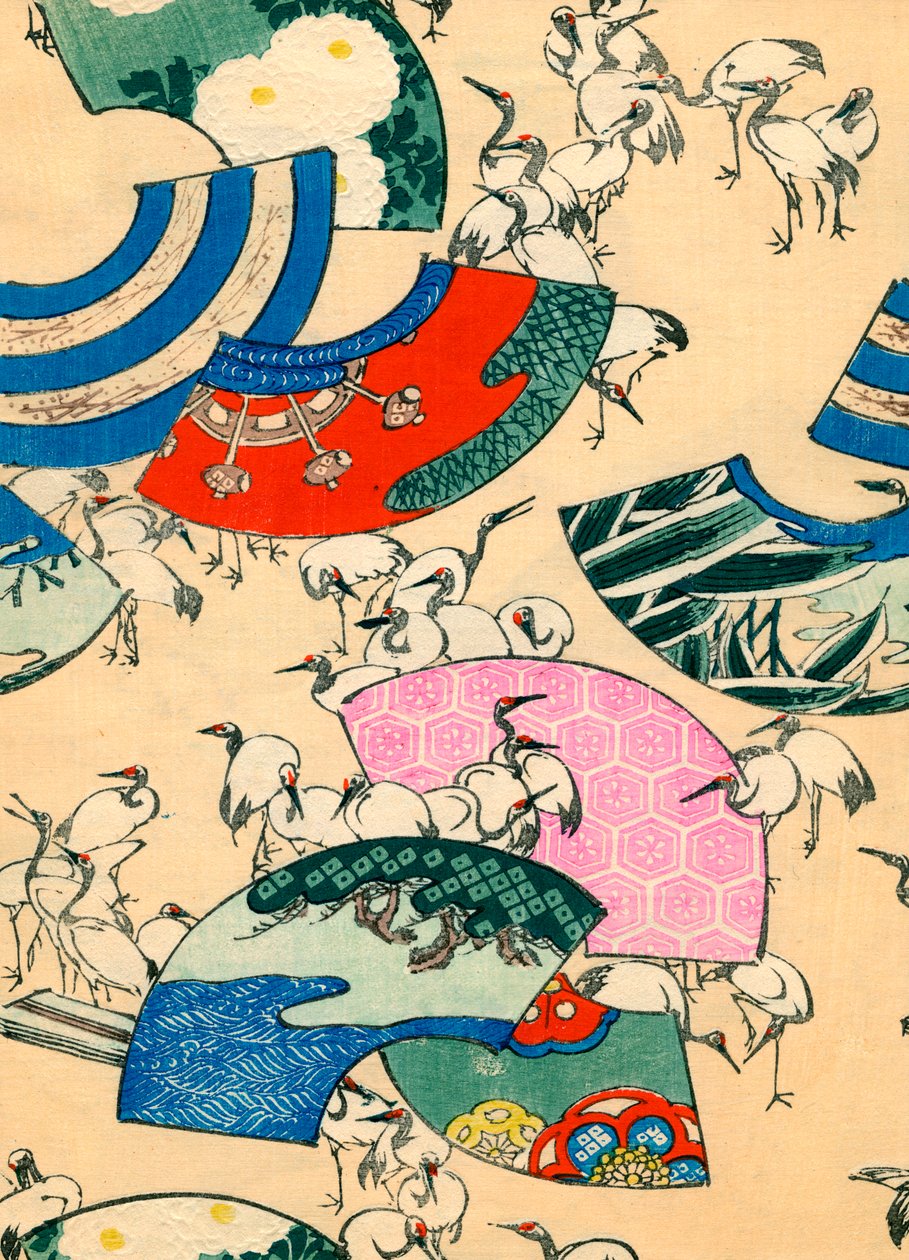 Mehrfarbige Fächer mit Kranichen von Japanese School