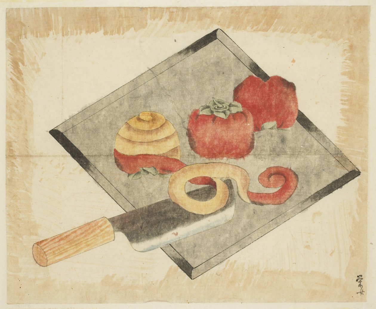 Stillleben mit Kakis und Messer von Japanese School