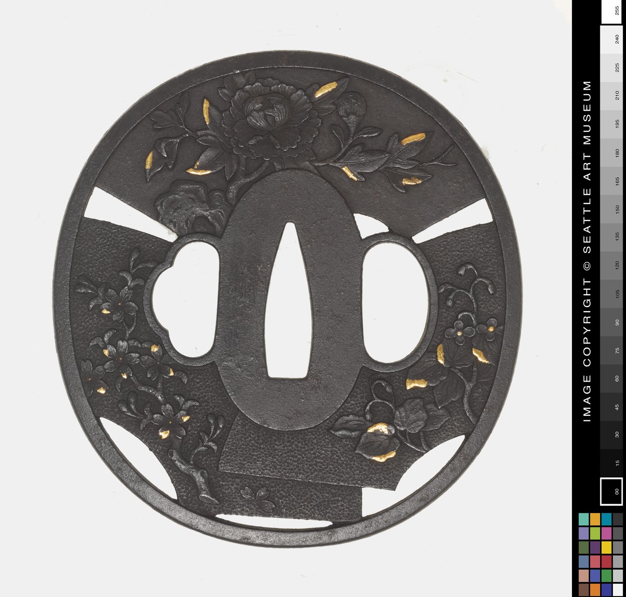 Tsuba: Chrysantheme, Kirsche, Iris von Japanese School